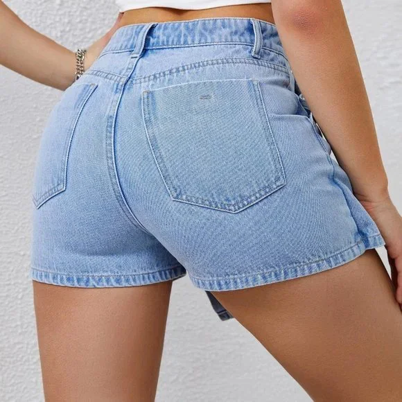 Light Wash Casual Womens High Waist Button Front Denim Skort - Picture 2 of 5